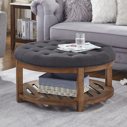 24KF Large Round Upholstered Tufted Linen Ottoman Coffee Table with Wooden Storage Shelf, Large Footrest Ottoman for Living Room, Charcoal
