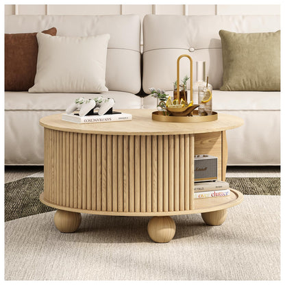 Round Coffee Table with Storage, 31.5" Fluted Lift-Top Drum Center Table with Sliding Door and Bun Feet, Mid-Century Modern Coffee Table for Living Room or Small Spaces, Oak