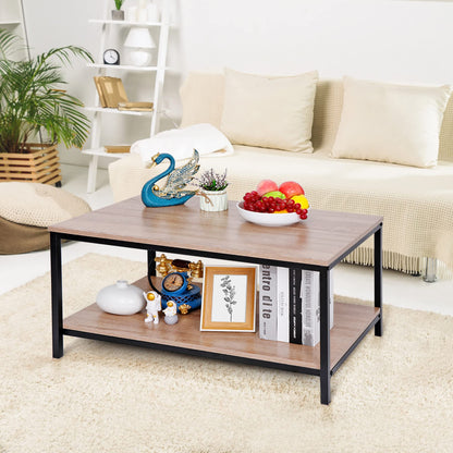SUPER DEAL 2-Tier Industrial Coffee Table with Storage Shelf – Natural Oak Rectangle Wood and Metal Center Table for Small Apartments, Living Room, or as a TV Stand/Side End Table