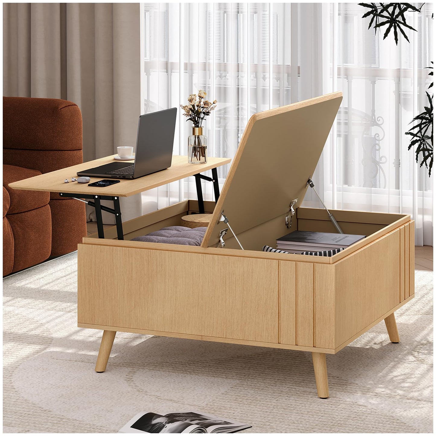 Lift Top Coffee Table with Storage,36" Large Square Coffee Tables for Living Room,Mid Century Modern Center Table for Home Office, Oak