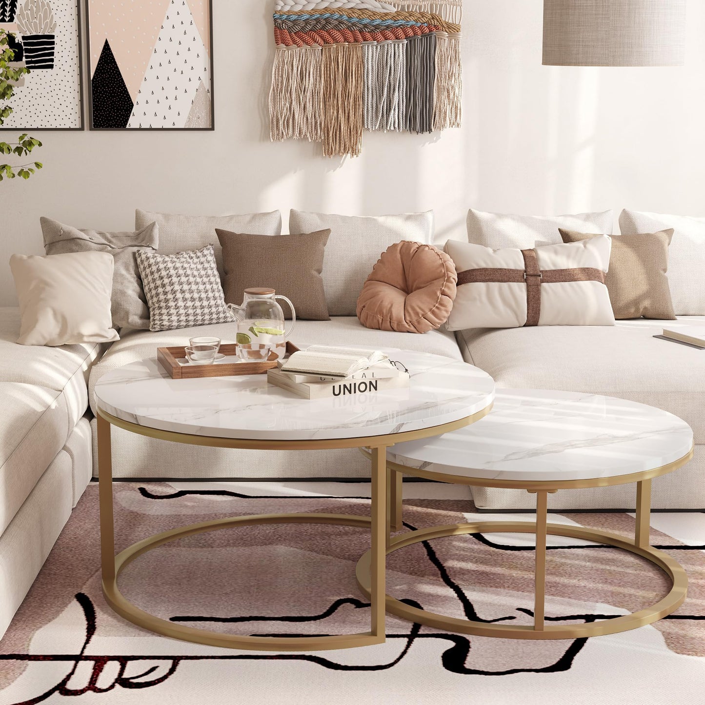 WiberWi Round Nesting Coffee Tables Set of 2 – Large Ø34", Small Ø26", Modern Gold Metal Frame Circle Tables with High Gloss Faux White Marble Top for Living Room
