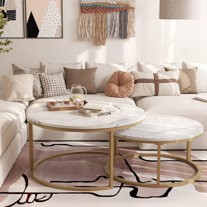 WiberWi Round Nesting Coffee Tables Set of 2 – Large Ø34", Small Ø26", Modern Gold Metal Frame Circle Tables with High Gloss Faux White Marble Top for Living Room