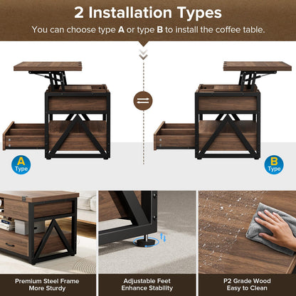 40" Lift Top Coffee Table, 4-in-1 Multi-Functional Farmhouse Coffee Table with Storage Drawers & Hidden Compartment, Lift Tabletop Center Table for Living Room, Walnut