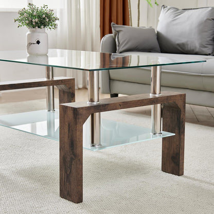 Modern Rectangle Coffee Table for Living Room, Brown Glass Tea Table with Wooden Legs & Lower Storage Shelf, Stylish Center Table for Home, Office, or Waiting Room