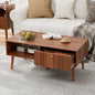 Mid-Century Modern Coffee Table with Storage – Fluted Drawer & Solid Wood Legs, Small Center Table for Living Room, Walnut