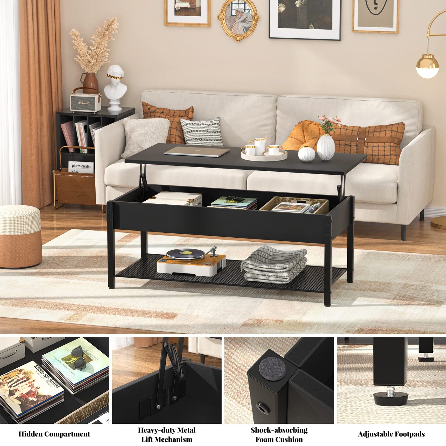 Lift Top Coffee Table with Storage Shelf and Hidden Compartment, Modern Wood and Metal Table for Living Room, Black