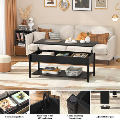 Lift Top Coffee Table with Storage Shelf and Hidden Compartment, Modern Wood and Metal Table for Living Room, Black