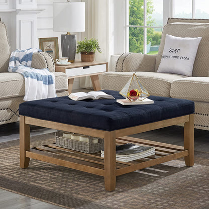24KF Large Square Upholstered Tufted Linen Ottoman Coffee Table with Solid Wood Storage Shelf, Large Footrest Ottoman for Living Room, Navy Blue