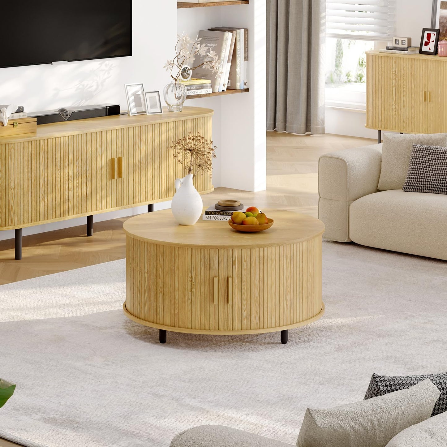 Round Coffee Table with Storage, 31.5" Modern Fluted Wood Table with 360° Sliding Door and Adjustable Footpads, Oak