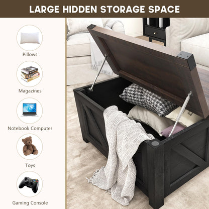 Farmhouse Lift Top Coffee Table with Storage and Charging Station – Black Wood Square Center Table with USB Ports, Hidden Compartment, and Large Storage Space for Living Room, Bedroom, or Home Office