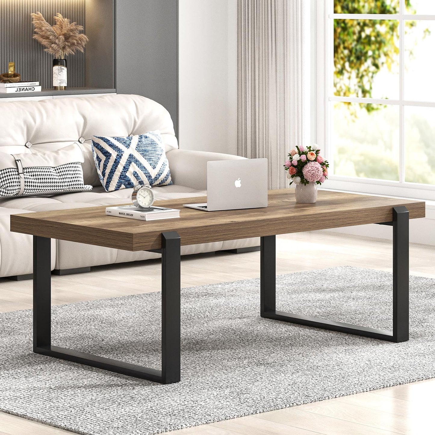 FOLUBAN 47" Rustic Coffee Table – Modern Industrial Wood and Metal Center Table for Living Room, Oak