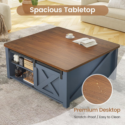 SEDETA 31.5" Lift Top Square Coffee Table with Storage – Farmhouse Living Room Table featuring Large Hidden Compartment, Adjustable Shelves & Stylish Blue Finish