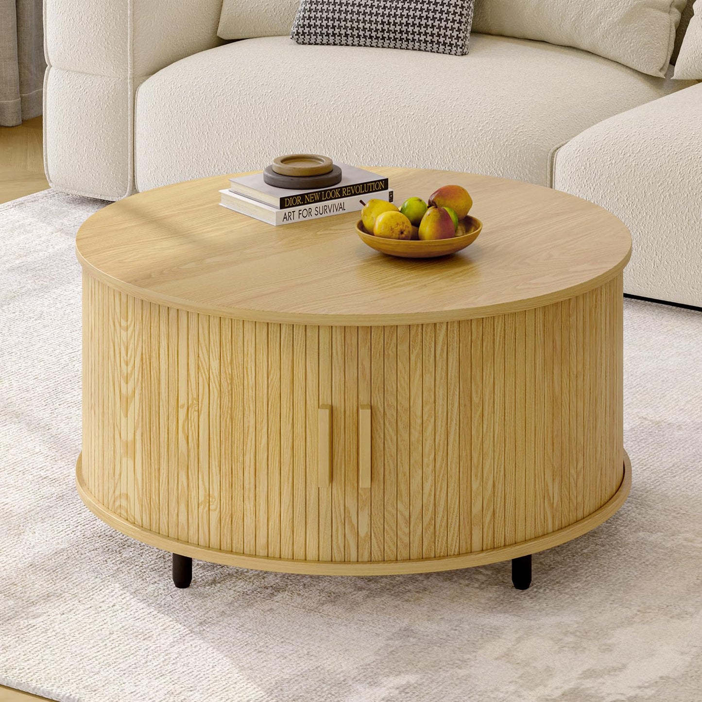 Round Coffee Table with Storage, 31.5" Modern Fluted Wood Table with 360° Sliding Door and Adjustable Footpads, Oak