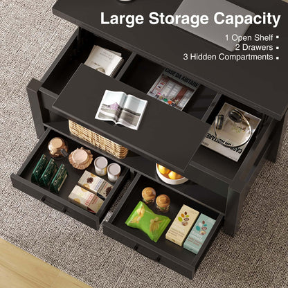 Rolanstar Lift Top Coffee Table – Multi-Function Convertible Table with Drawers & Hidden Compartment, Converts to Dining Table for Living Room or Home Office, Black