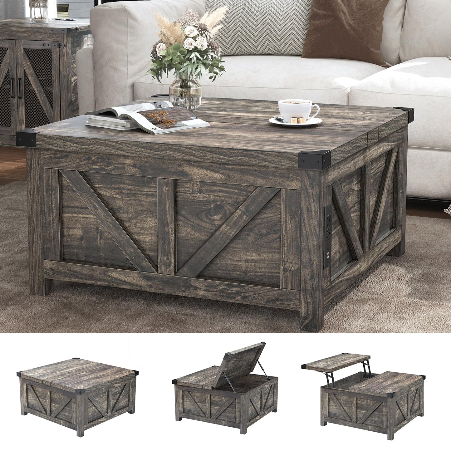 Farmhouse Lift Top Coffee Table with Storage and Charging Station – Dark Grey Wood Square Center Table with USB Ports, Hidden Compartment, and Spacious Storage for Living Room, Bedroom, or Home Office