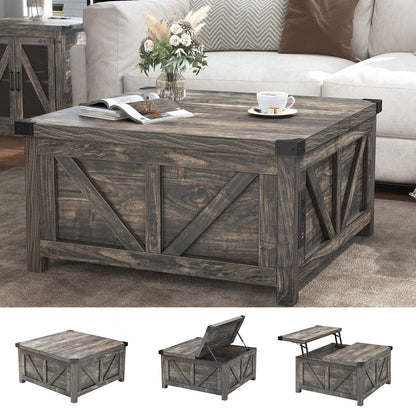 Farmhouse Lift Top Coffee Table with Storage and Charging Station – Dark Grey Wood Square Center Table with USB Ports, Hidden Compartment, and Spacious Storage for Living Room, Bedroom, or Home Office