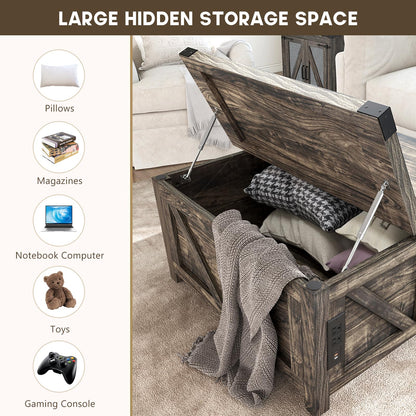 Farmhouse Lift Top Coffee Table with Storage and Charging Station – Dark Grey Wood Square Center Table with USB Ports, Hidden Compartment, and Spacious Storage for Living Room, Bedroom, or Home Office