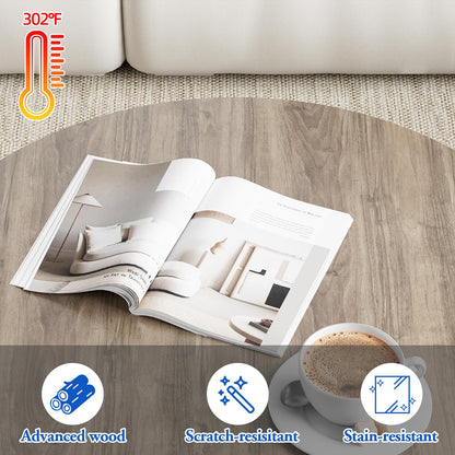 Nesting Coffee Table Set of 2, Round End Tables with Sturdy Metal Frame for Living Room or Bedroom, Oak