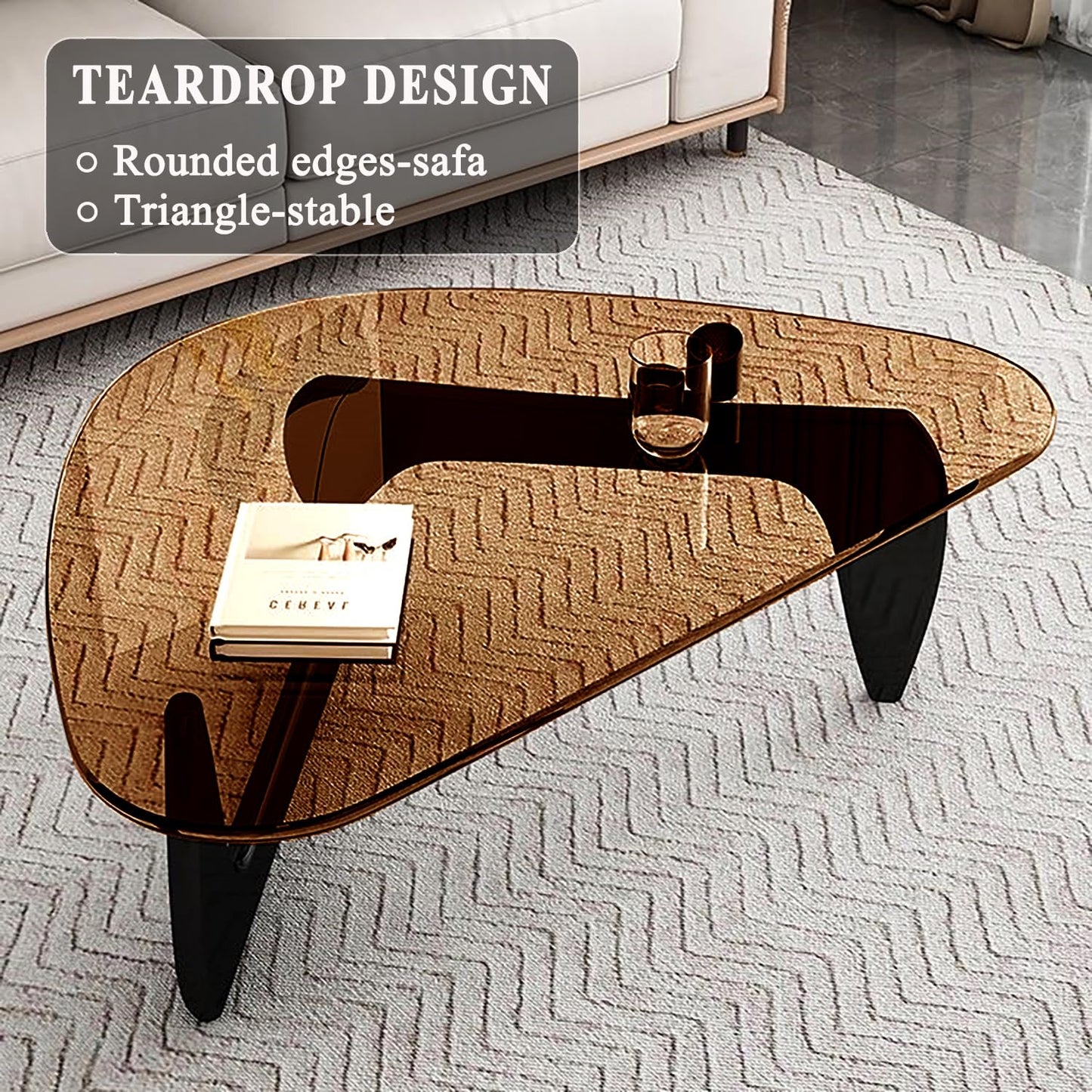 Mid Century Modern Glass Coffee Table, Small Elegant Coffee Table for Living Room Bedroom Office, Black/Brown Medium