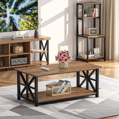 GreenForest 39" Coffee Table with Round Corners, Farmhouse Center Table with 2-Tier Storage Shelf & X-Frame Design for Living Room, Walnut