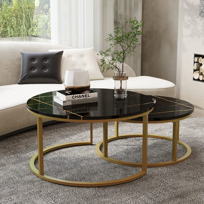 WiberWi Round Nesting Coffee Tables Set of 2 – Large Ø34", Small Ø26", Modern Gold Metal Frame Circle Tables with High Gloss Faux Black Marble Top for Living Room