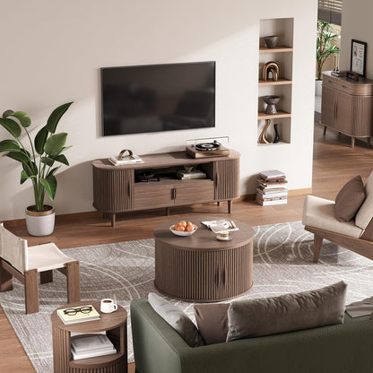 Round Coffee Table with Lift Top, 31.5" Mid-Century Modern Fluted Coffee Table with Hidden Storage Compartment, Small Center Table for Living Room, Walnut