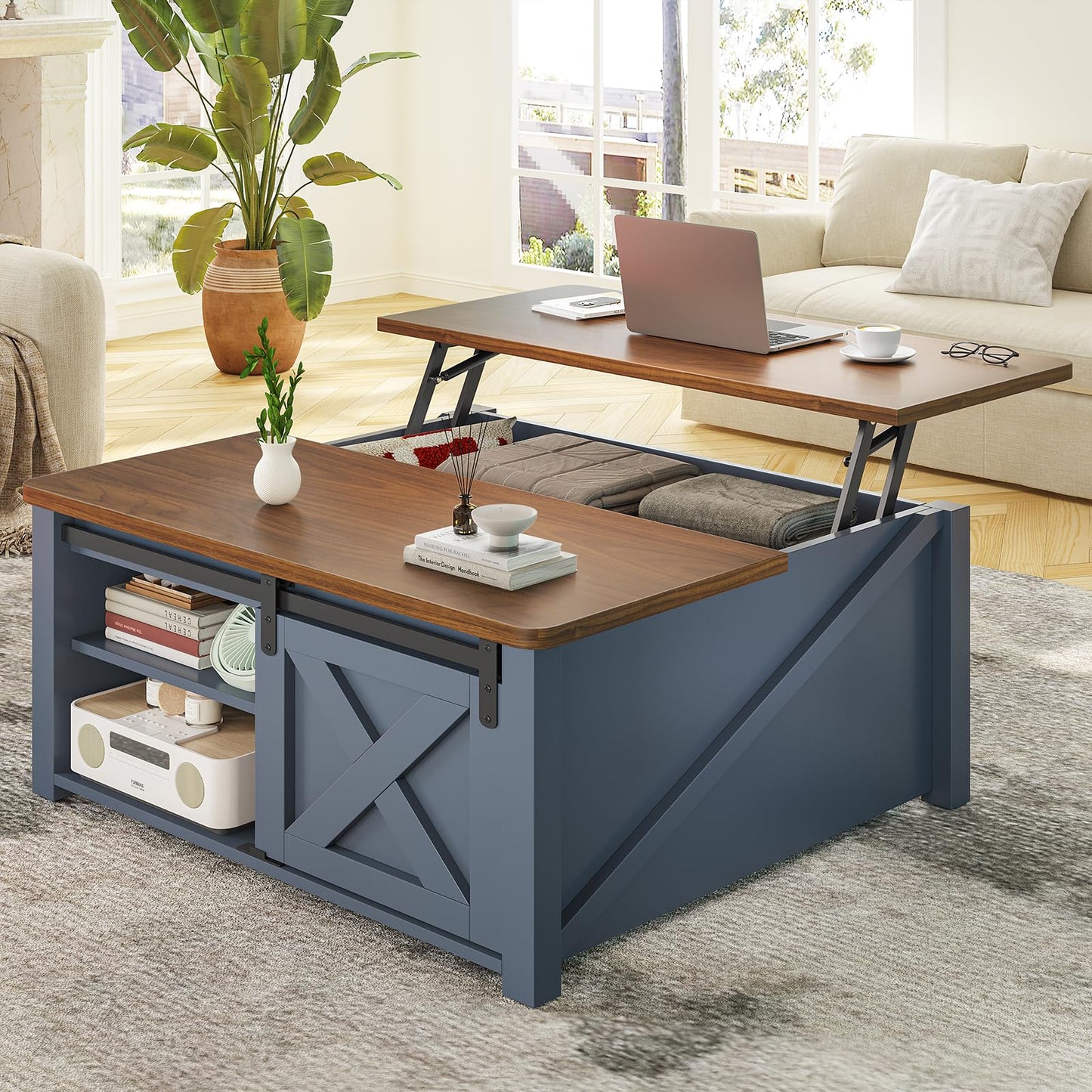 SEDETA 31.5" Lift Top Square Coffee Table with Storage – Farmhouse Living Room Table featuring Large Hidden Compartment, Adjustable Shelves & Stylish Blue Finish