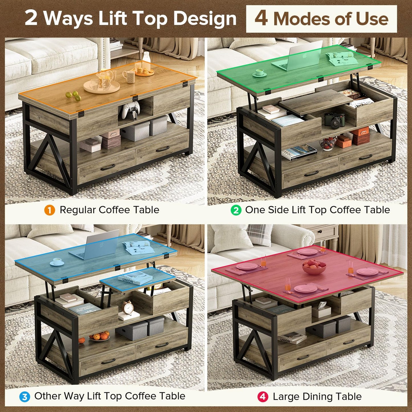 40" Lift Top Coffee Table, 4-in-1 Multi-Functional Farmhouse Coffee Table with Storage Drawers & Hidden Compartment, Lift Tabletop Center Table for Living Room, Grey