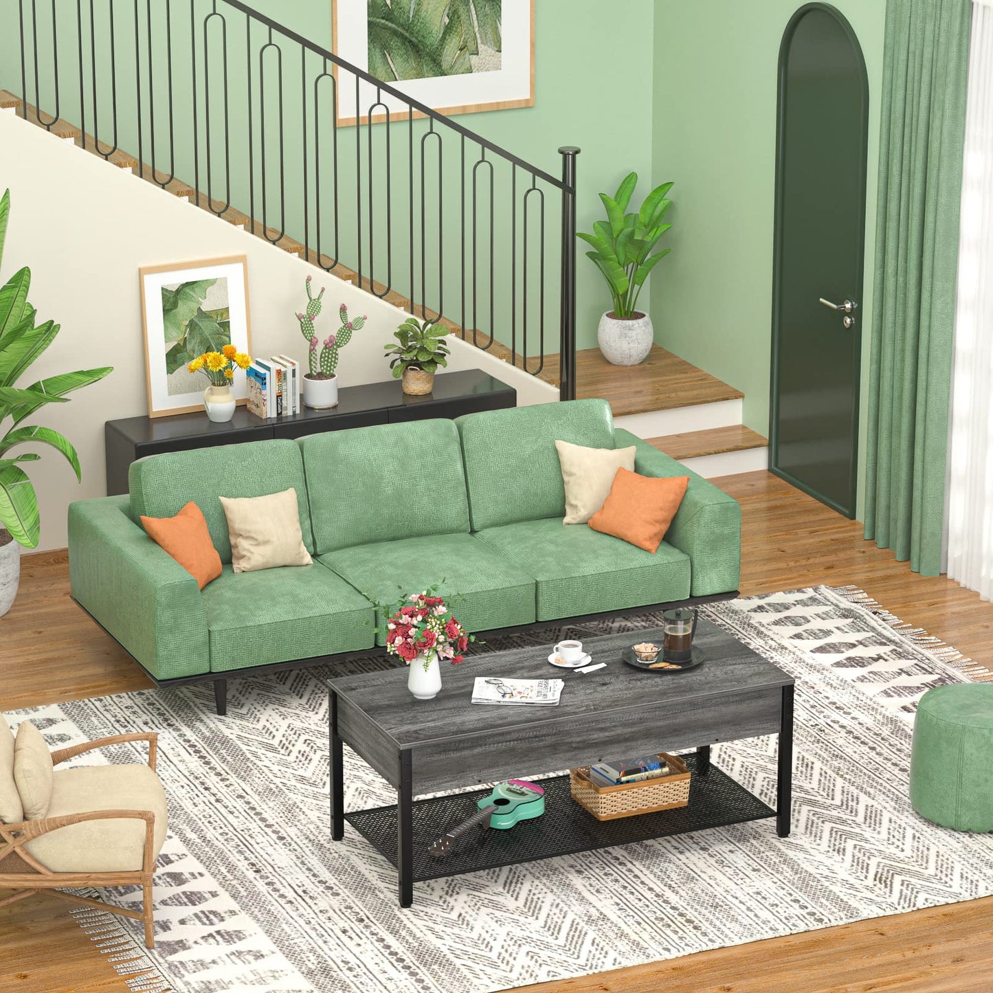 Lift Top Coffee Table with Storage Shelf and Hidden Compartment, Modern Wood and Metal Table for Living Room, Black Oak