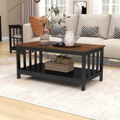 Black Farmhouse Coffee Table with Shelf, 40 Inch Living Room Table