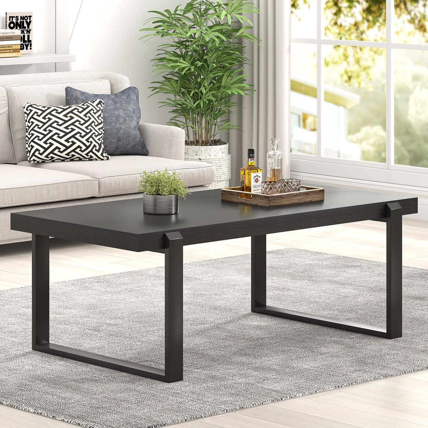 FOLUBAN 47" Black Coffee Table – Modern Industrial Wood and Metal Rectangle Center Table for Living Room