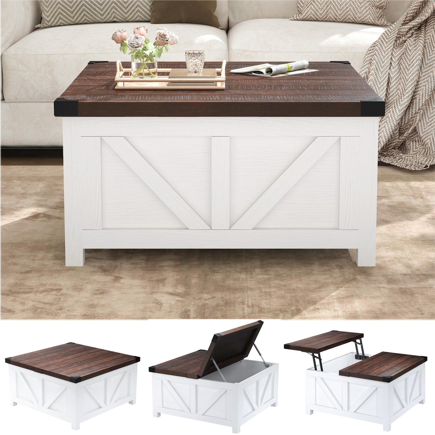 Farmhouse Lift Top Coffee Table with Storage and Charging Station – White Wood Square Center Table with USB Ports, Hidden Compartment, and Large Storage Space for Living Room, Bedroom, or Home Office