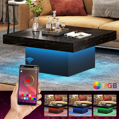 Tribesigns Square LED Coffee Table – Faux Black Marble & Black Engineered Wood Low Center Table for Living Room