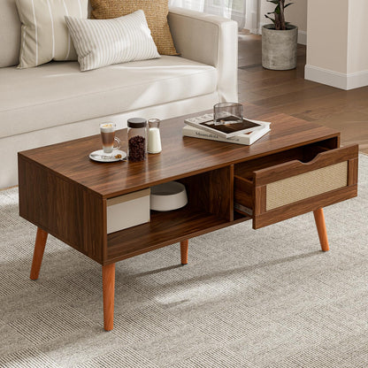 Boho Coffee Table with Rattan Drawer and Solid Wood Legs, Small Living Room Table with Storage, Walnut