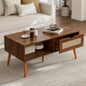 Boho Coffee Table with Rattan Drawer and Solid Wood Legs, Small Living Room Table with Storage, Walnut