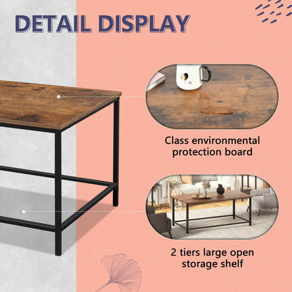 Modern Industrial Rectangular Coffee Table, Brown Wood and Metal Frame, Rustic Accent Table for Living Room, 39.3"x20"x16"
