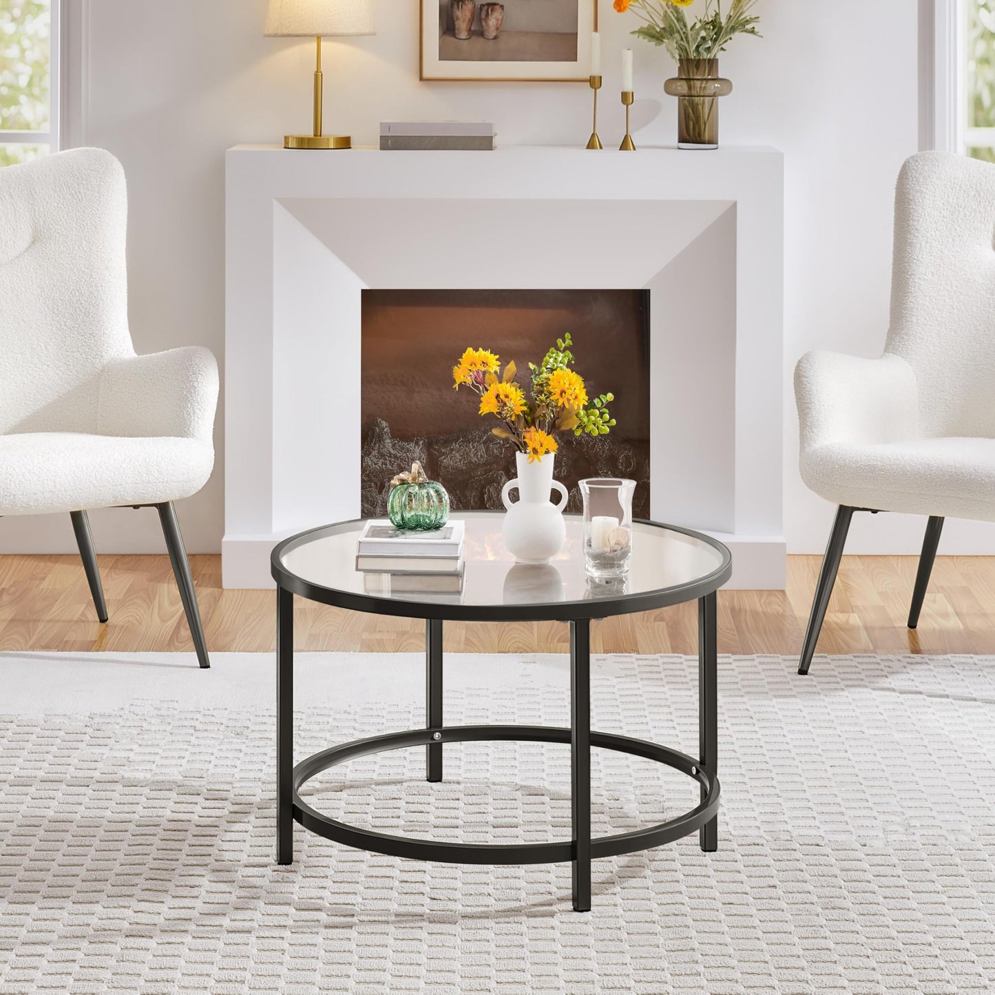 27.6" Round Glass Coffee Table with Black Metal Frame for Living Room, Office, or Apartment