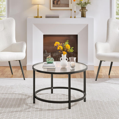 27.6" Round Glass Coffee Table with Black Metal Frame for Living Room, Office, or Apartment
