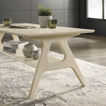 Roundhill Furniture Arona Mid-Century Modern Wood Coffee Table with Shelf – Off-White Finish