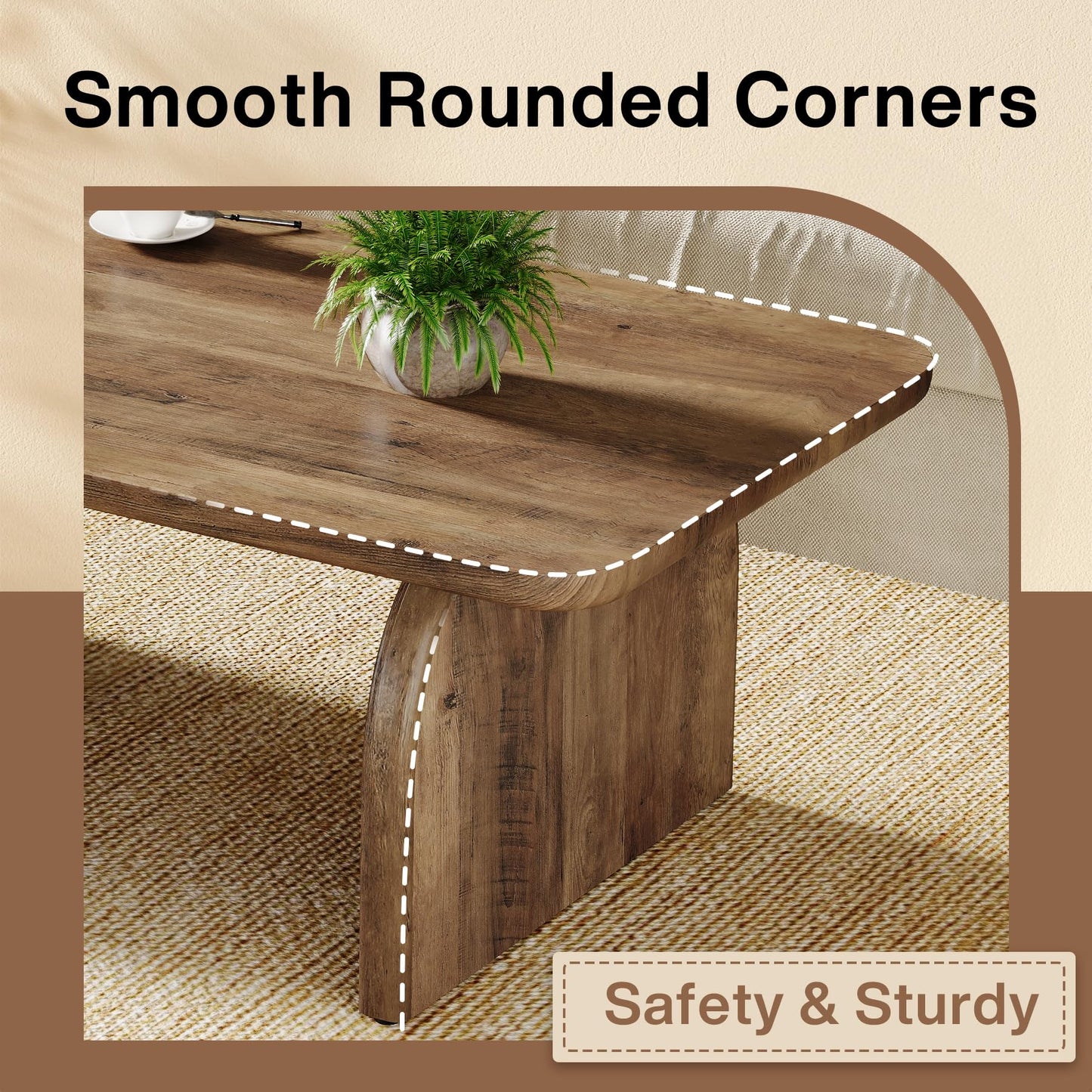 Rectangle Wood Coffee Table, 47-Inch Farmhouse Accent Center Table with Sturdy Base and Rounded Corners, Rustic Brown