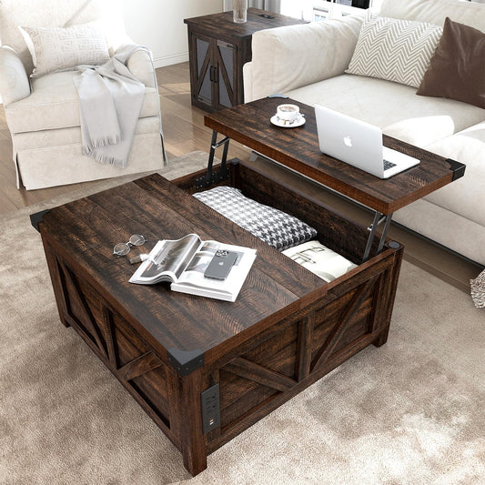 Farmhouse Lift Top Coffee Table with Storage and Charging Station – Brown Wood Square Center Table with USB Ports, Hidden Compartment, and Spacious Storage for Living Room, Bedroom, or Home Office