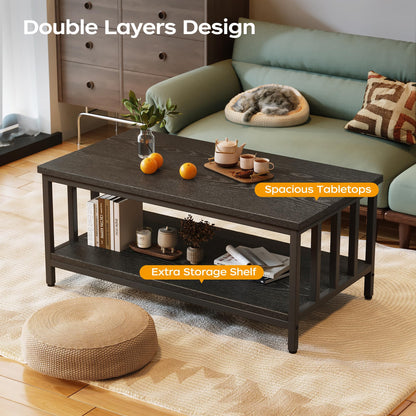 Modern Farmhouse Coffee Table with Slatted Frame, 2-Tier Storage Shelf for Living Room or Office, 39 Inch Black