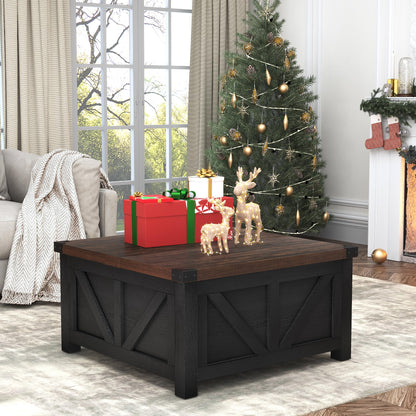 Farmhouse Lift Top Coffee Table with Storage and Charging Station – Black Wood Square Center Table with USB Ports, Hidden Compartment, and Large Storage Space for Living Room, Bedroom, or Home Office