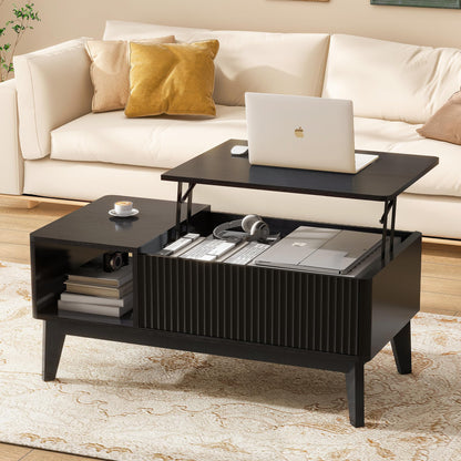 LYNCOHOME Fluted Lift Top Coffee Table with Hidden Compartment – Modern Wood Center Table for Living Room or Home Office, Black Finish