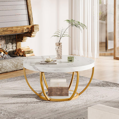Tribesigns Modern Round Coffee Table, 2-Tier Circle Coffee Table with Faux White Marble Top and Gold Metal Legs, Elegant Accent Center Table for Living Room