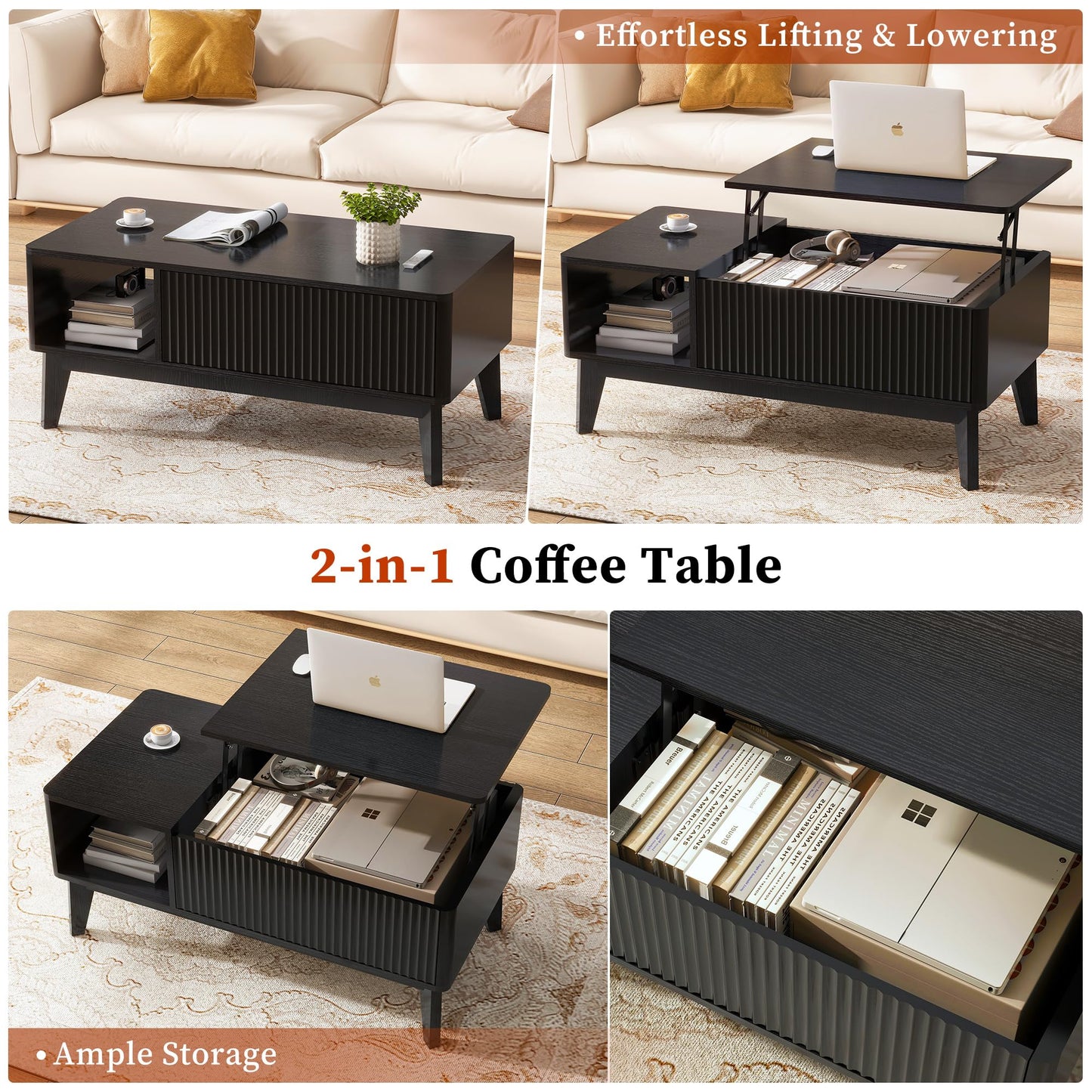 LYNCOHOME Fluted Lift Top Coffee Table with Hidden Compartment – Modern Wood Center Table for Living Room or Home Office, Black Finish
