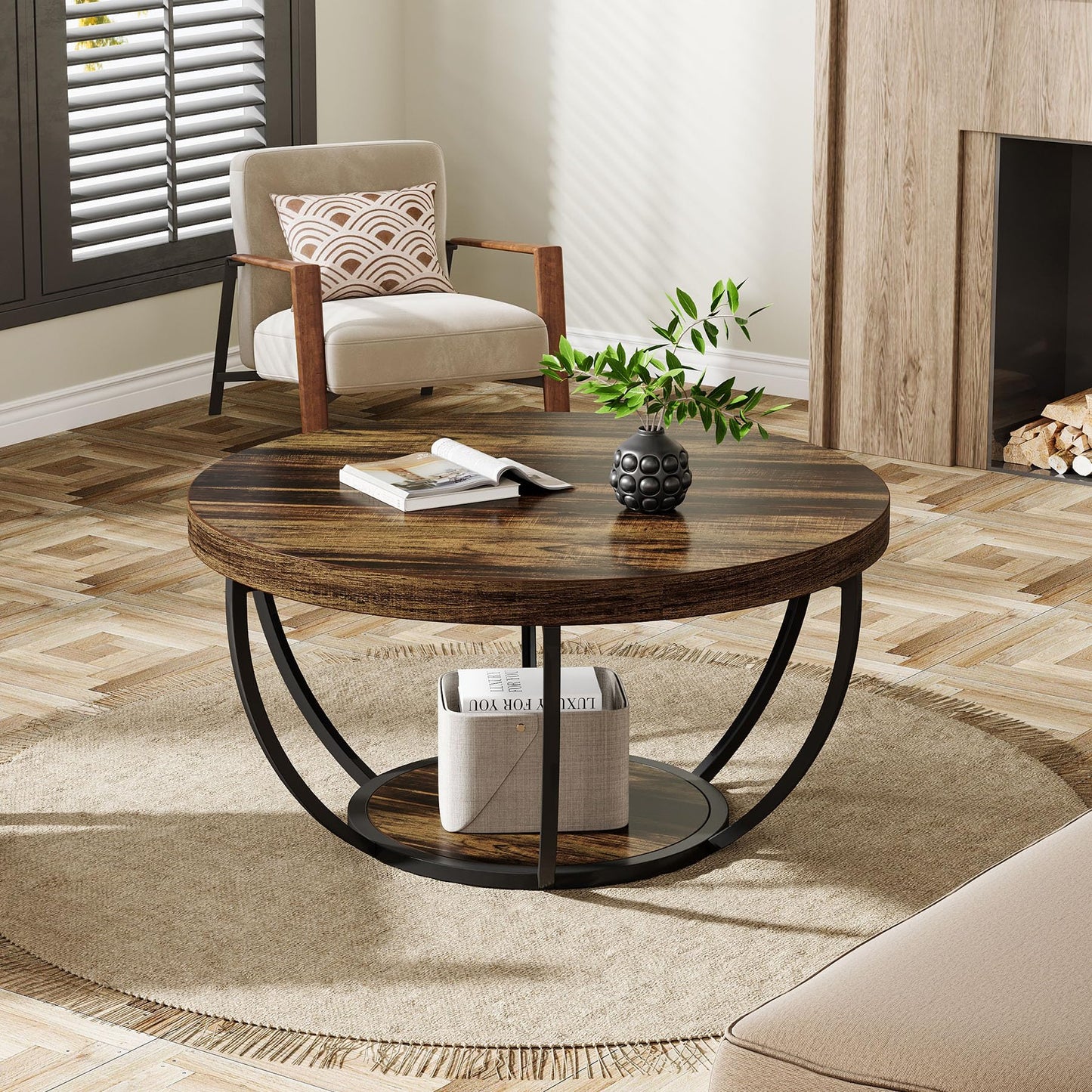 Tribesigns 31.7" Round Coffee Table, Modern 2-Tier Wooden Circle Coffee Table with Storage Shelves, Rustic Brown Accent Cocktail Center Table for Living Room