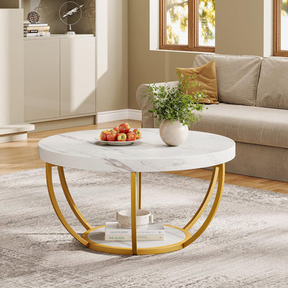 Tribesigns Modern Round Coffee Table, 2-Tier Circle Coffee Table with Faux White Marble Top and Gold Metal Legs, Elegant Accent Center Table for Living Room