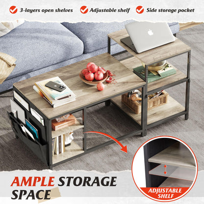 WLIVE Adjustable Coffee Table Set of 2 – Small End Tables for Living Room or Bedroom, Grey