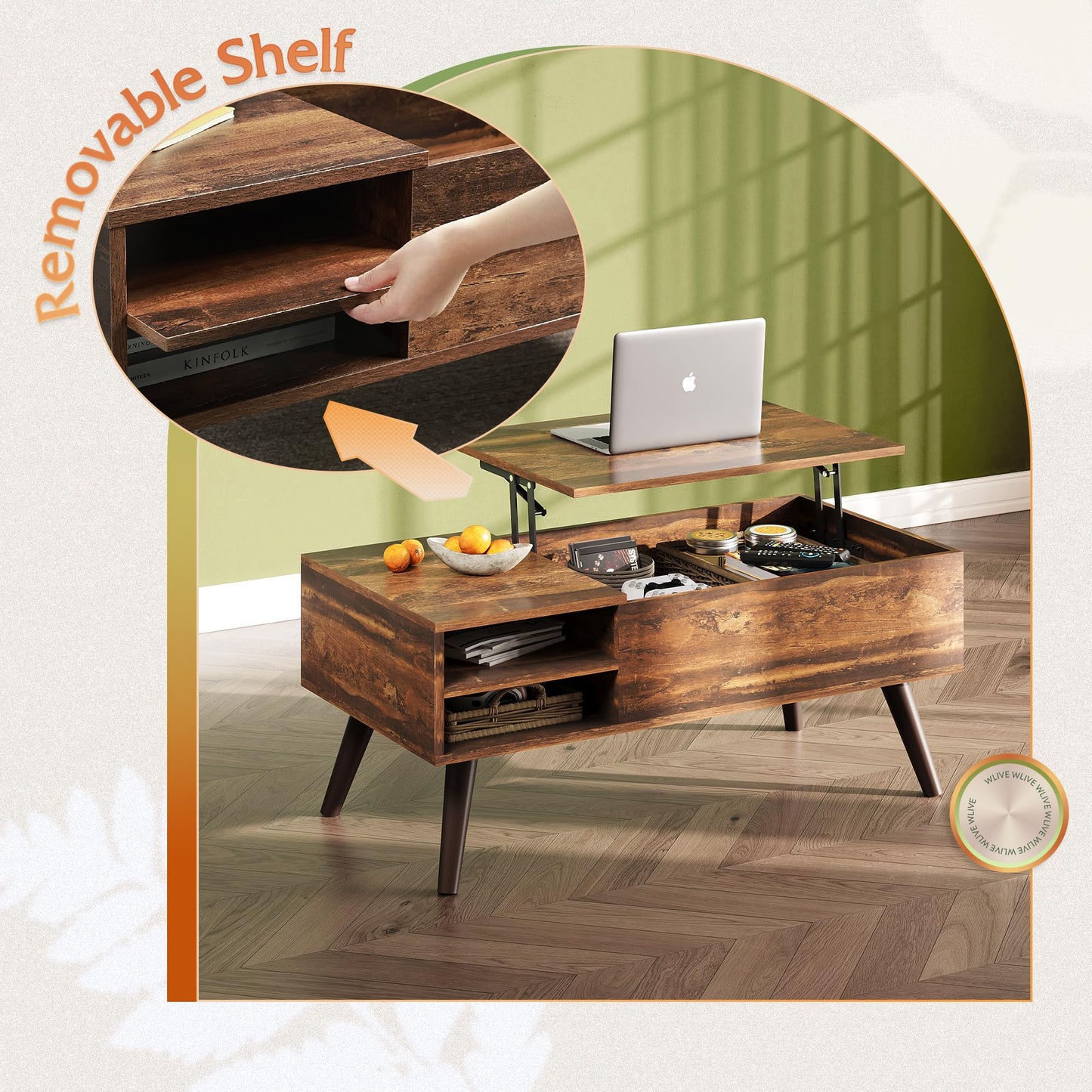 WLIVE Rustic Brown Lift Top Coffee Table – Mid-Century Modern Small Table with Adjustable Shelf & Storage Compartment for Living Room
